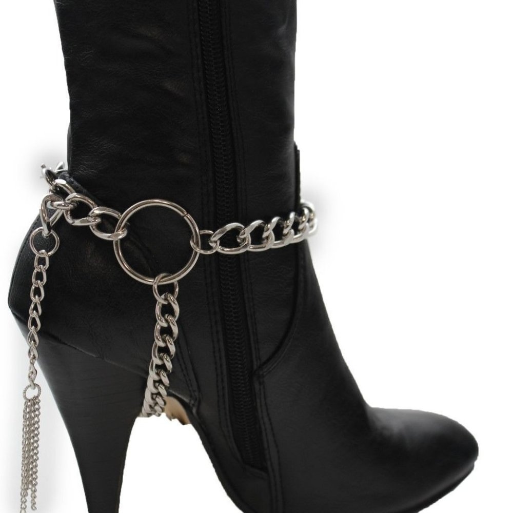 Women Silver Metal Boot Chain Bracelet Circle Back Tassel Shoe Charm Anklet
